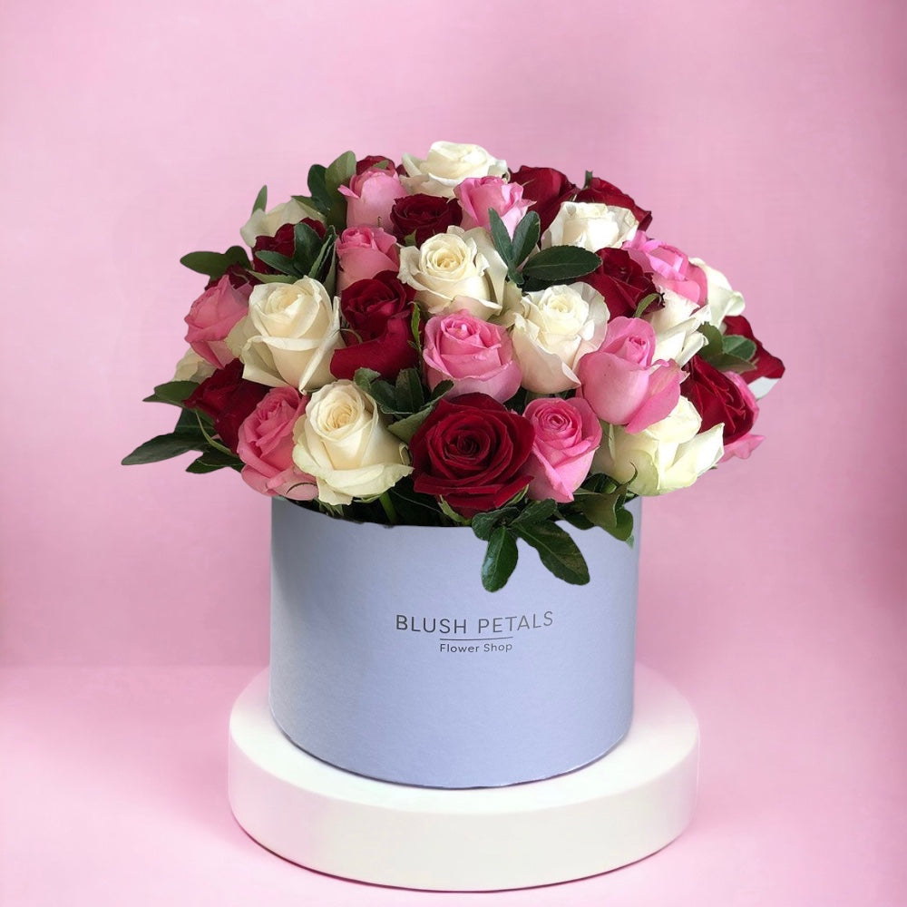 Pink white red rose box bouquet