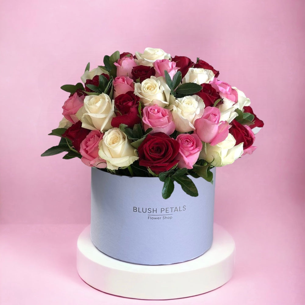  Pink white red rose box bouquet