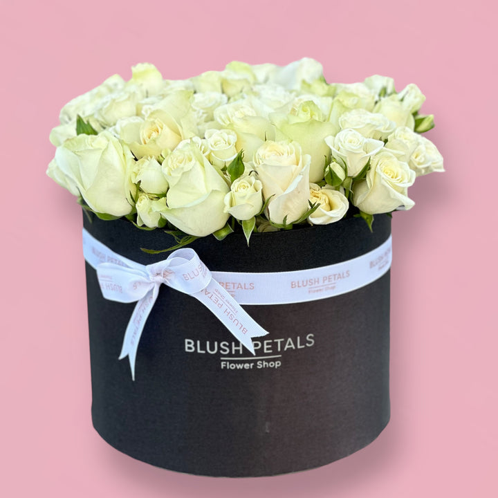 white roses box bouquet
