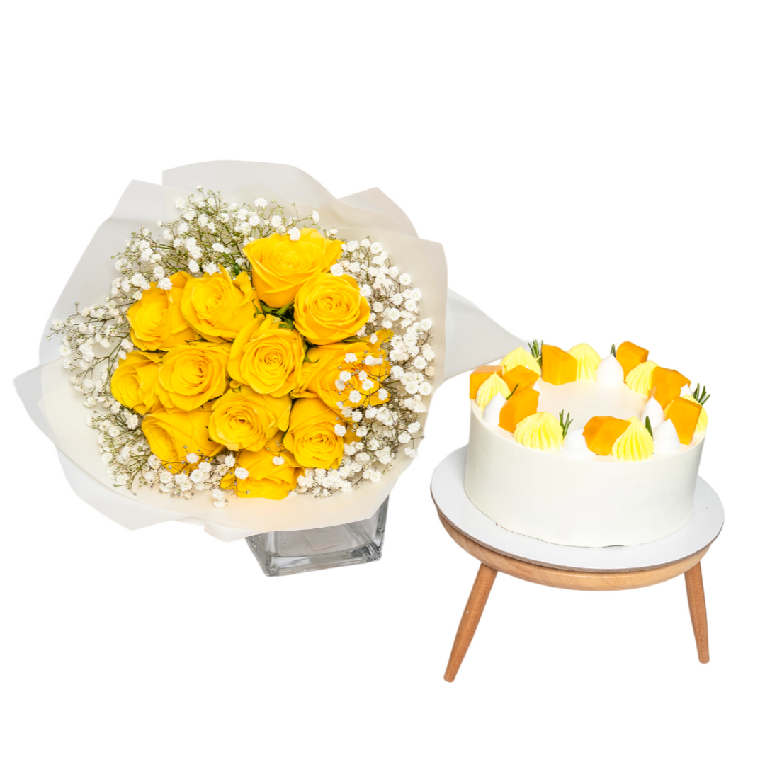 Buy yellow Cake & flowers in Dubai